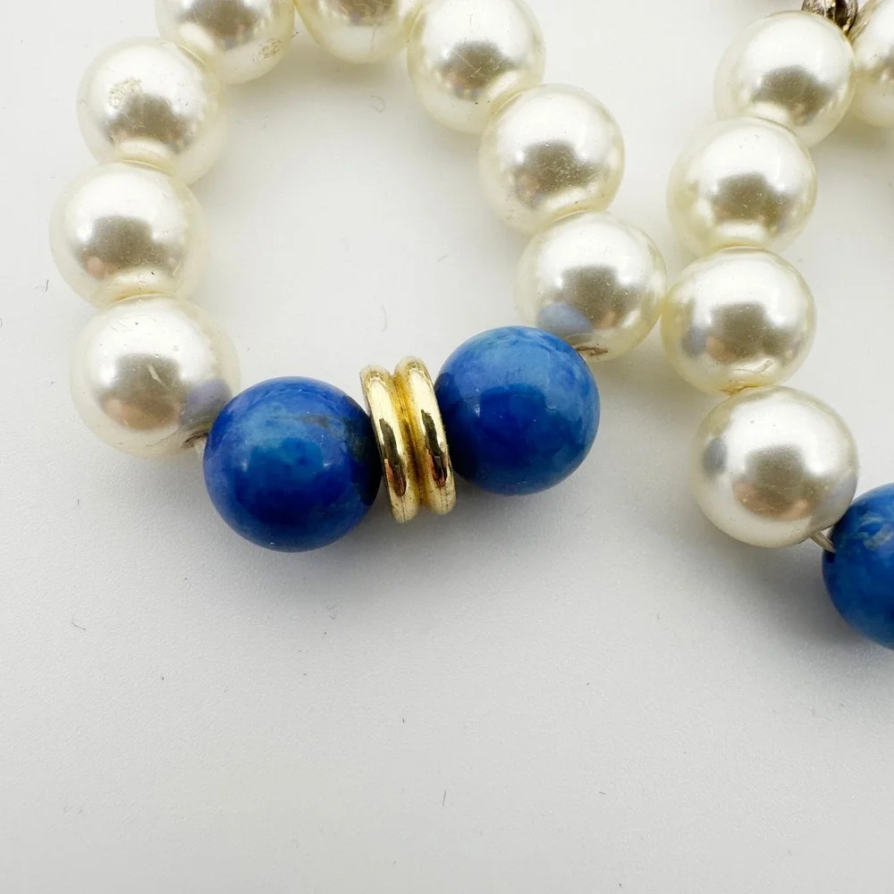 Vintage Faux Pearl Lapis Lazuli Bead Half Hoop Drop‎ Earrings Gold Tone